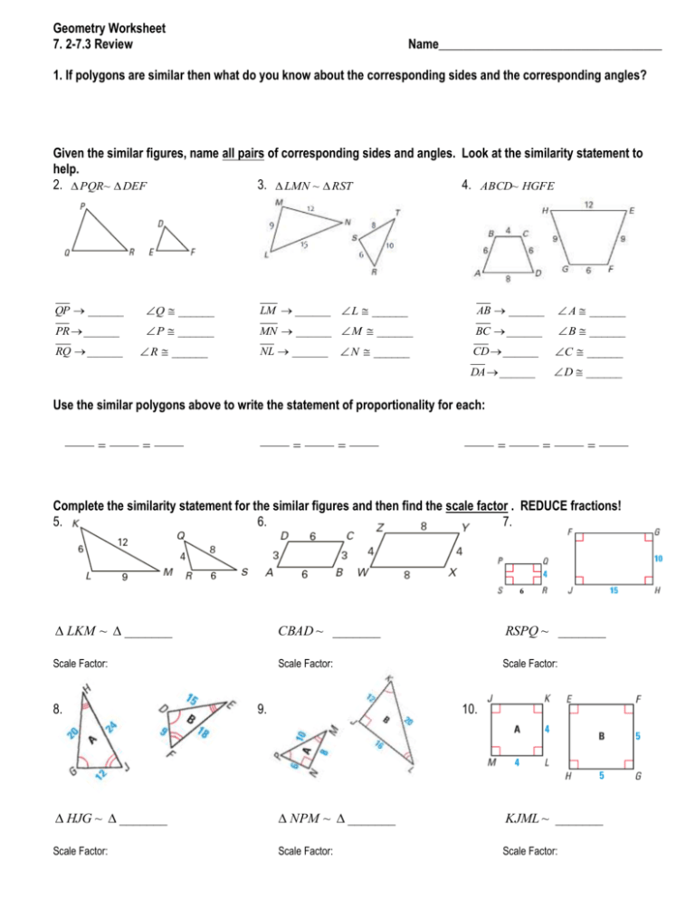 geometry assignment worksheet answers