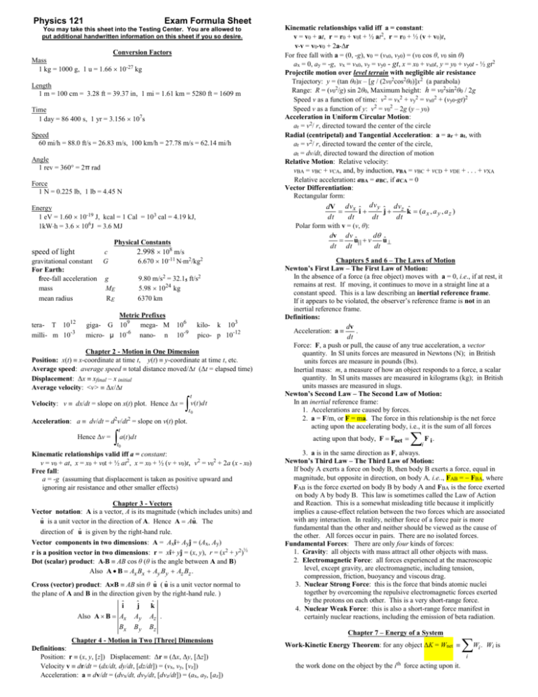 Physics 121 Exam Sheet