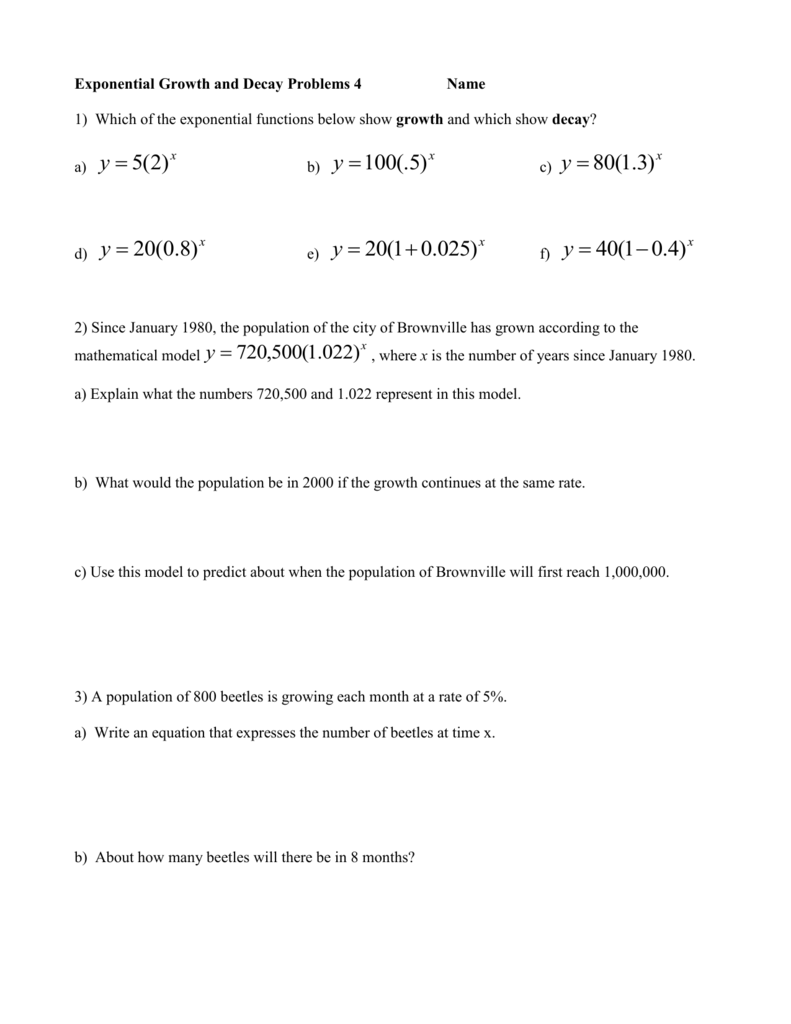 Exponential Function Word Problems Worksheet