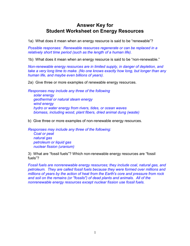 Student Worksheet on Energy Resources Within Renewable And Nonrenewable Resources Worksheet