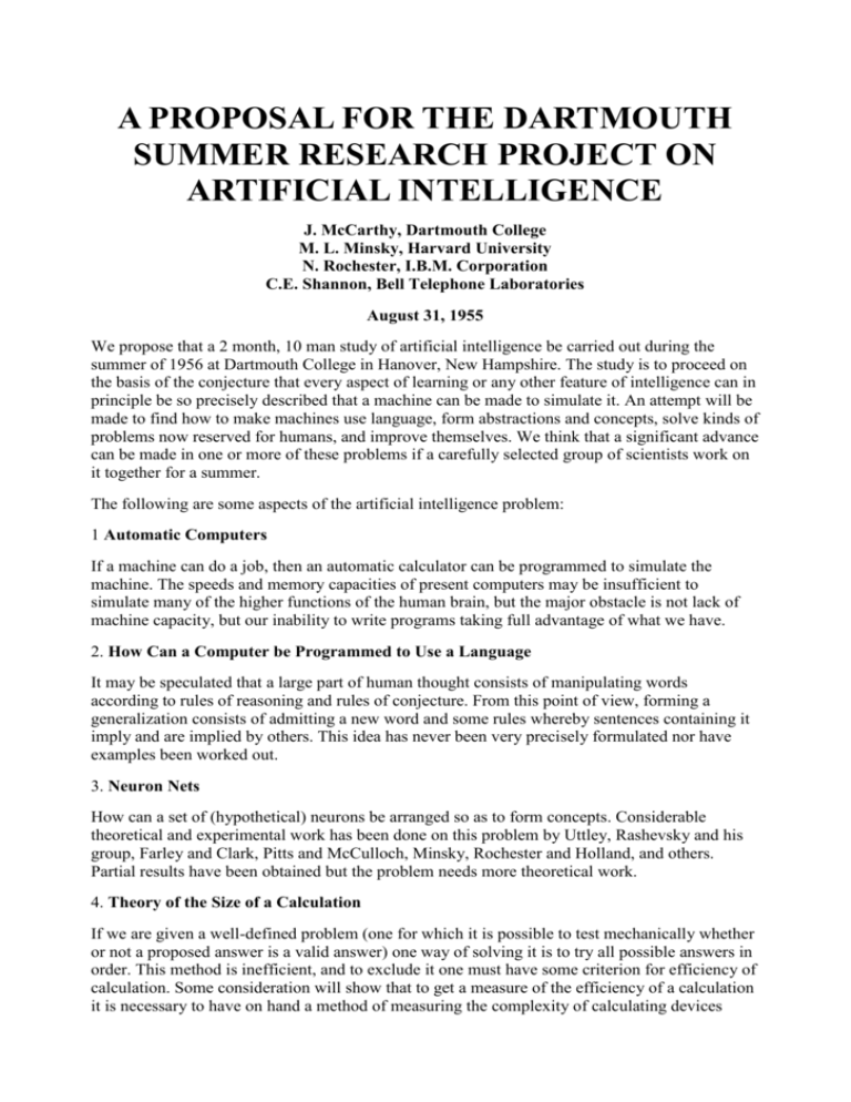 a proposal for the dartmouth summer research project