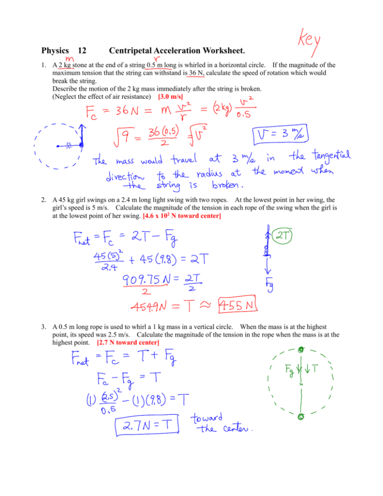 Physics 12 Centripetal Acceleration Worksheet 