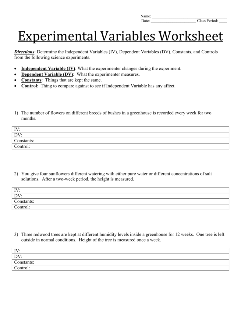 Experimental Variables Worksheet For Dependent And Independent Variables Worksheet