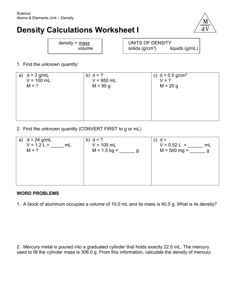 Science Density Calculations Worksheet
