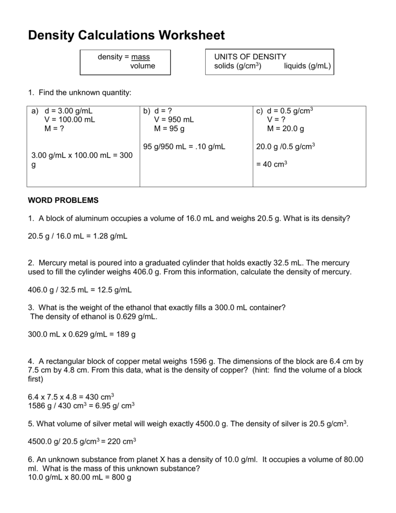 Density Calculations Worksheet I Throughout Density Calculations Worksheet Answer Key