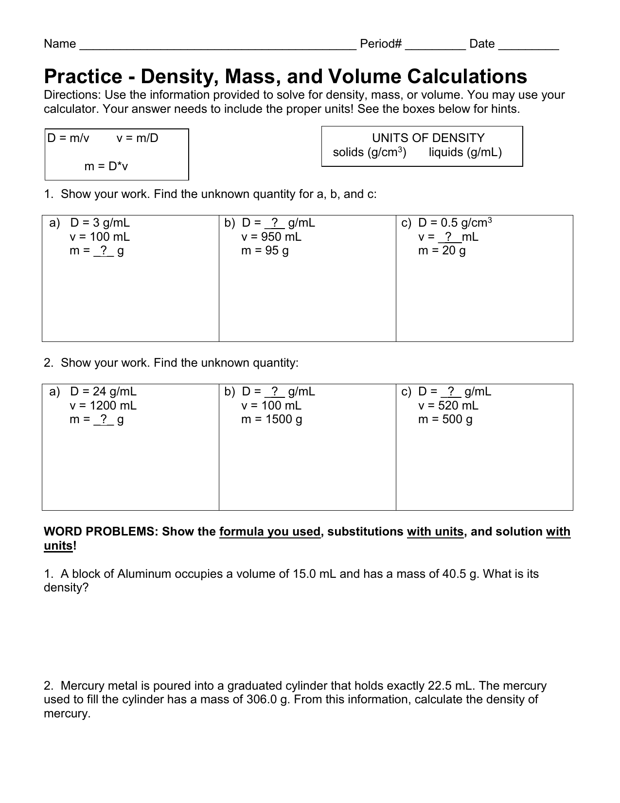 Density Calculations Worksheet I Inside Density Calculations Worksheet 1