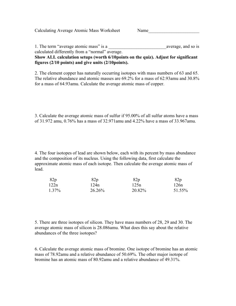 Calculating Average Atomic Mass Worksheet Name Throughout Calculating Average Atomic Mass Worksheet