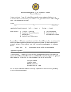 Recommendation Form for the Bachelor of Science