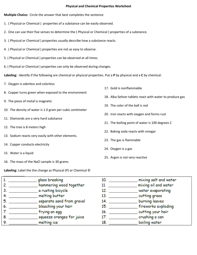 Physical and Chemical Properties Worksheet For Physical And Chemical Change Worksheet