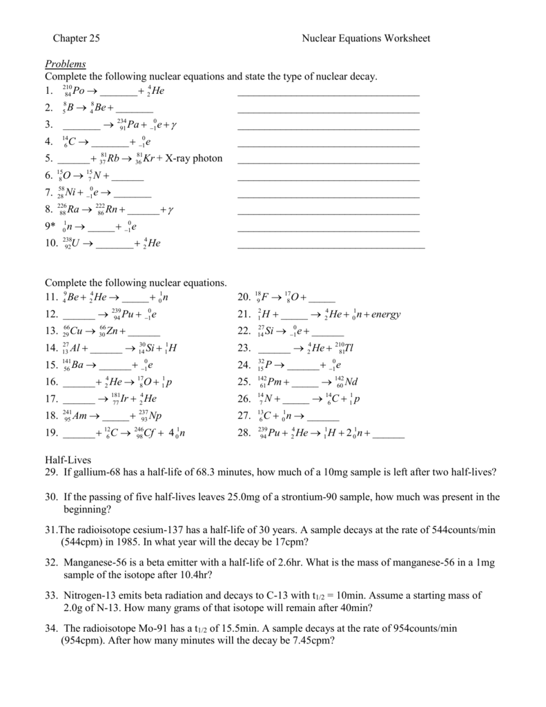 Nuclear Equations Worksheet Inside Nuclear Decay Worksheet Answer Key