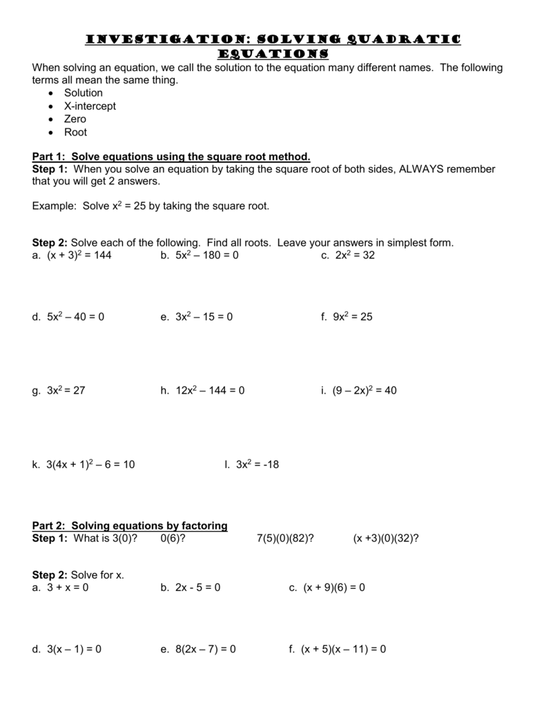 Investigation: Zero Product Property Throughout  Zero Product Property Worksheet