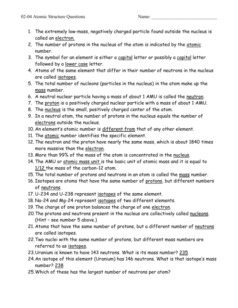 02 04 Atomic Structure Worksheet Answers