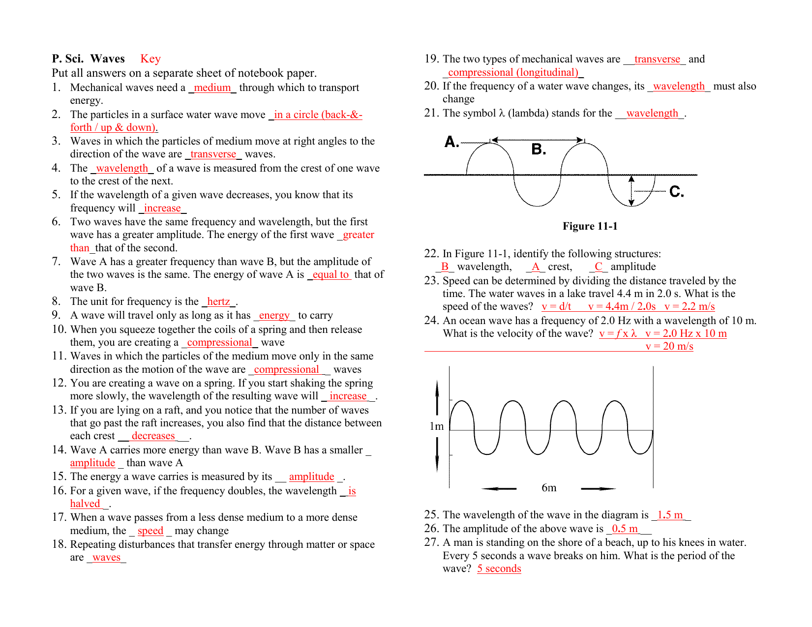 Wave Worksheet Answer Key