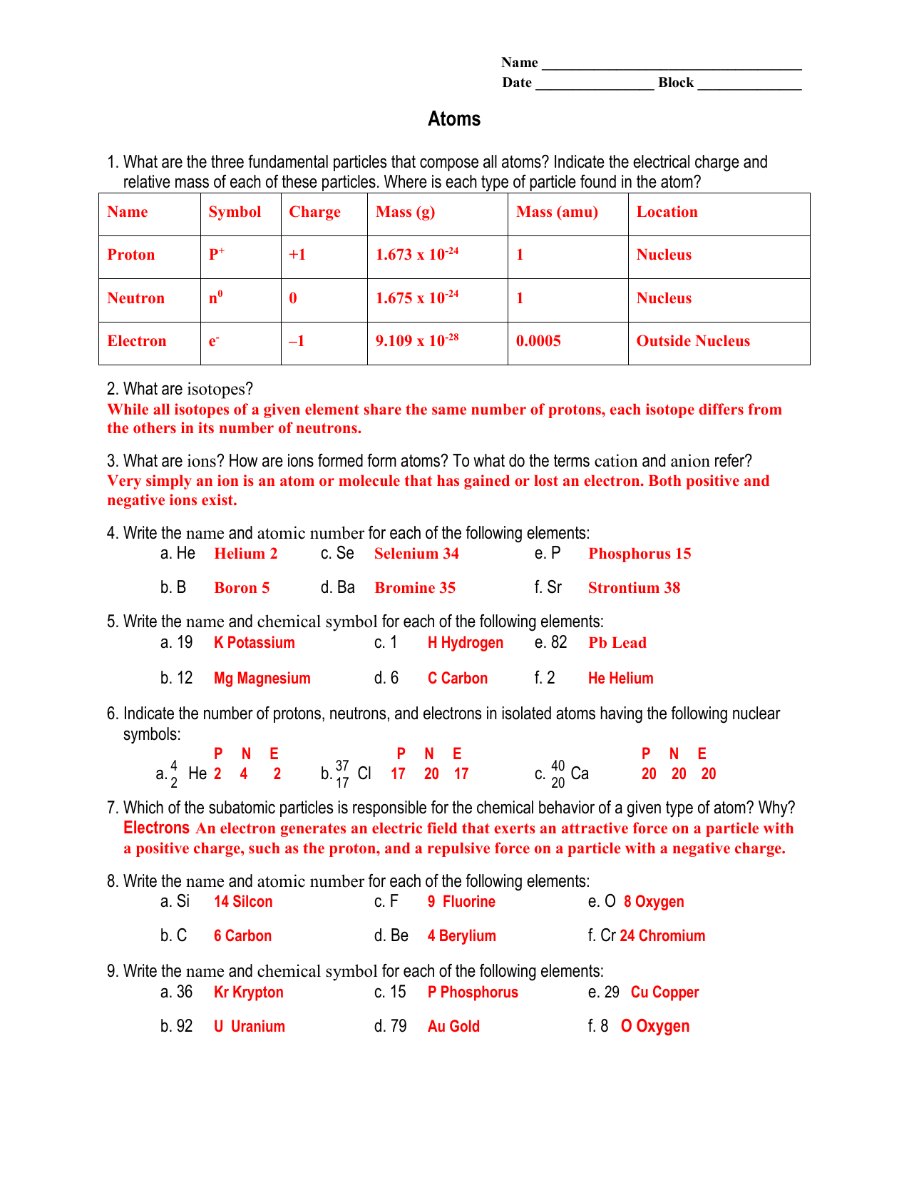 Calculating Particles In The Nucleus Worksheet