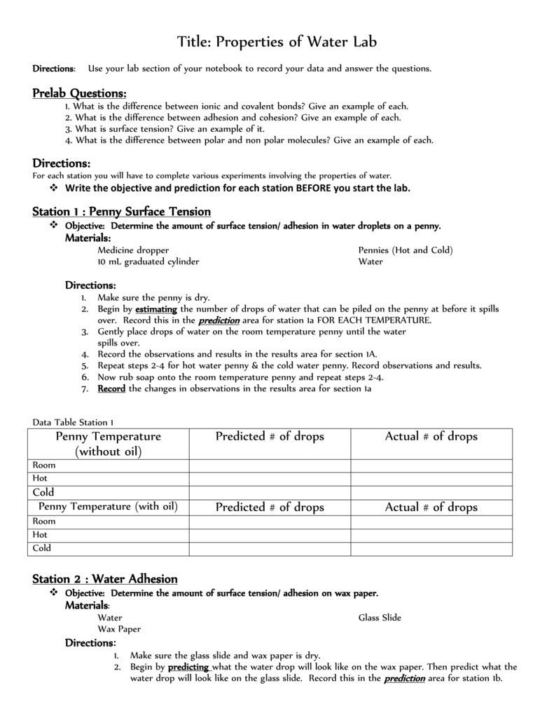 Properties Of Water Worksheet