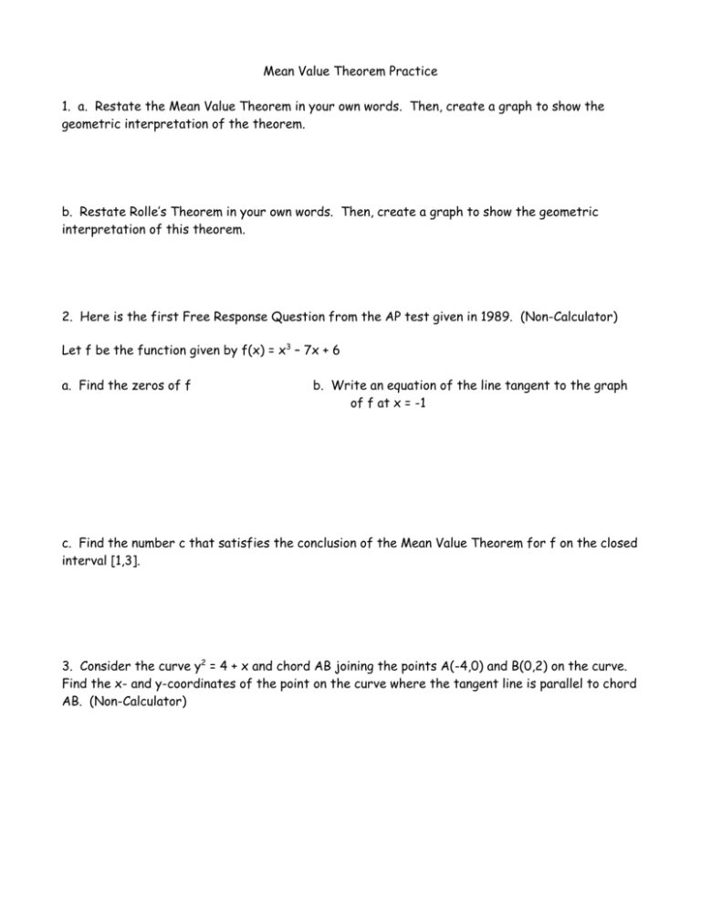 Mean Value Theorem Practice