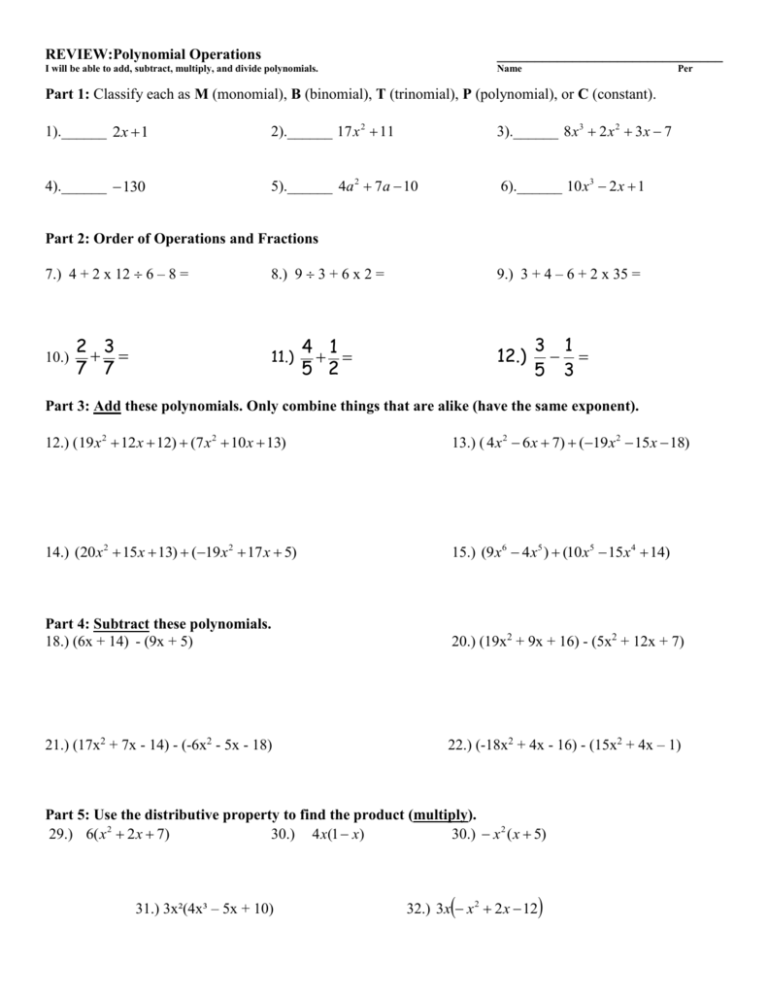 Addition Subtraction And Multiplication Of Polynomials Worksheet With Answers