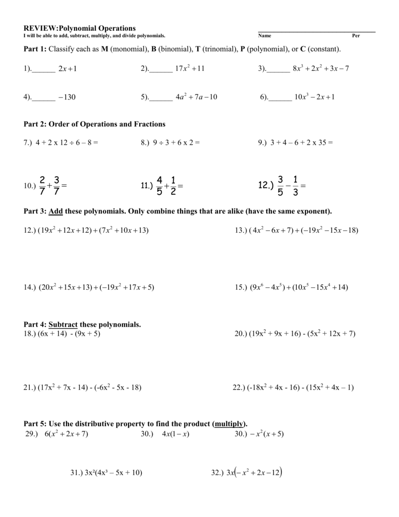 Operations With Polynomials Worksheet Wordworksheet