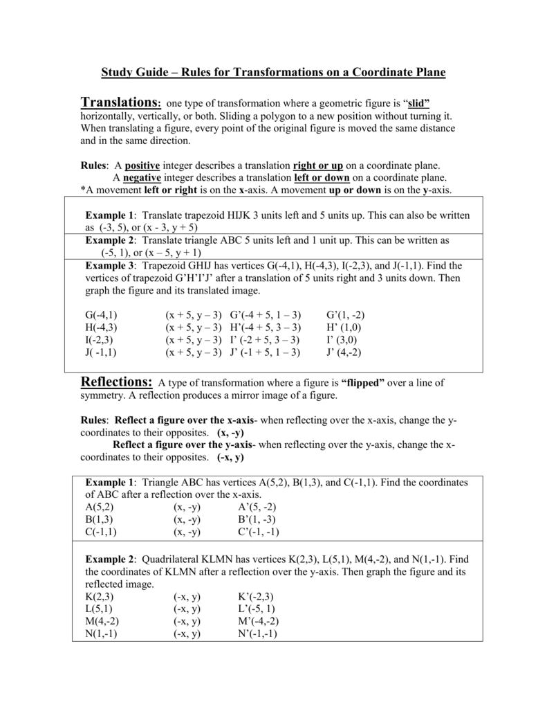 Study Guide Rules For Transformations On A Coordinate Plane