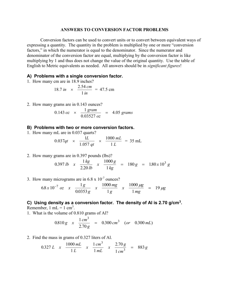 Conversion Factor Problems - Answers With Regard To Chemistry Conversion Factors Worksheet