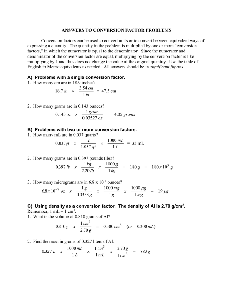 Conversion Factor Problems - Answers For  Chemistry Conversion Factors Worksheet