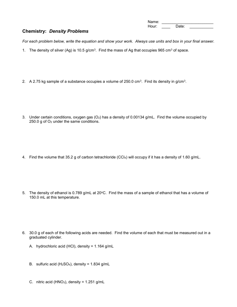 Density Problems Worksheet With Answers