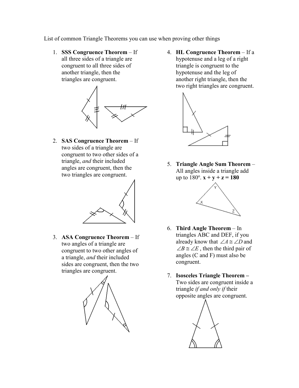 List Of Common Triangle Theorems You Can Use When Proving Other