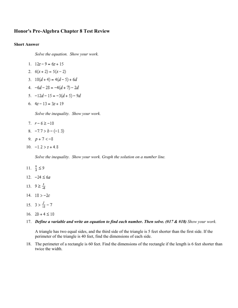 Honors Pre Algebra Chapter 8 Test Review Short Answer Solve The