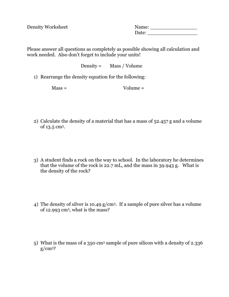 Density Worksheet Pertaining To Density Worksheet Chemistry Answers