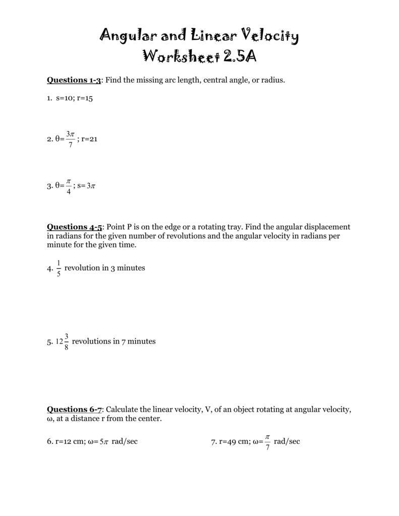 Angular and Linear Velocity With Regard To  Angular And Linear Velocity Worksheet