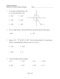 Homework on Radian Measure and Special Angles