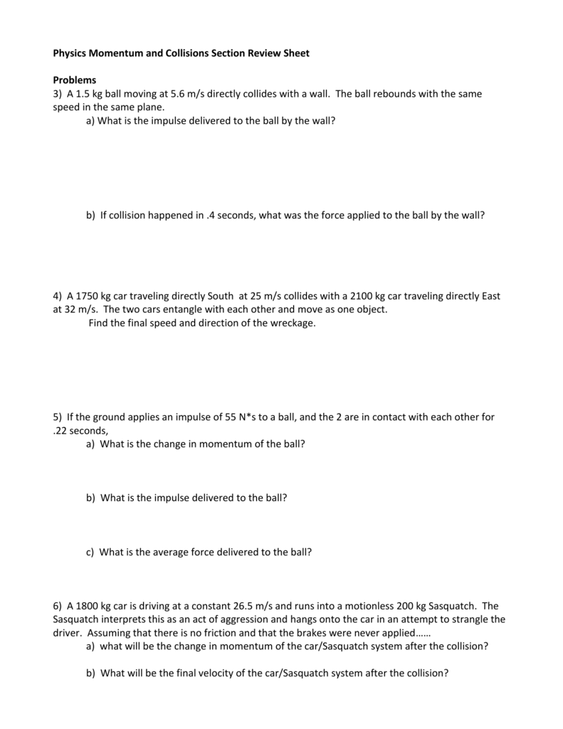 Physics Momentum and  Collisions Section Review Sheet Inside Momentum And Collisions Worksheet  Answers