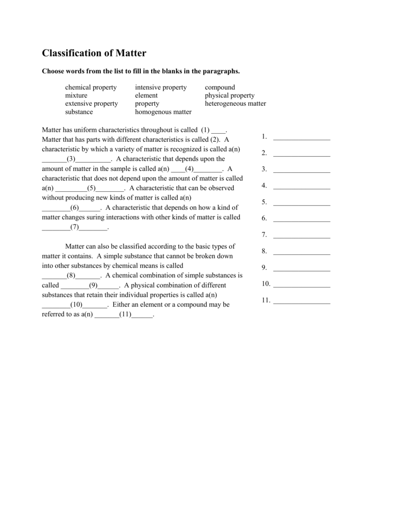 Classification Of Matter Worksheet Fill In The Blanks Answer Key