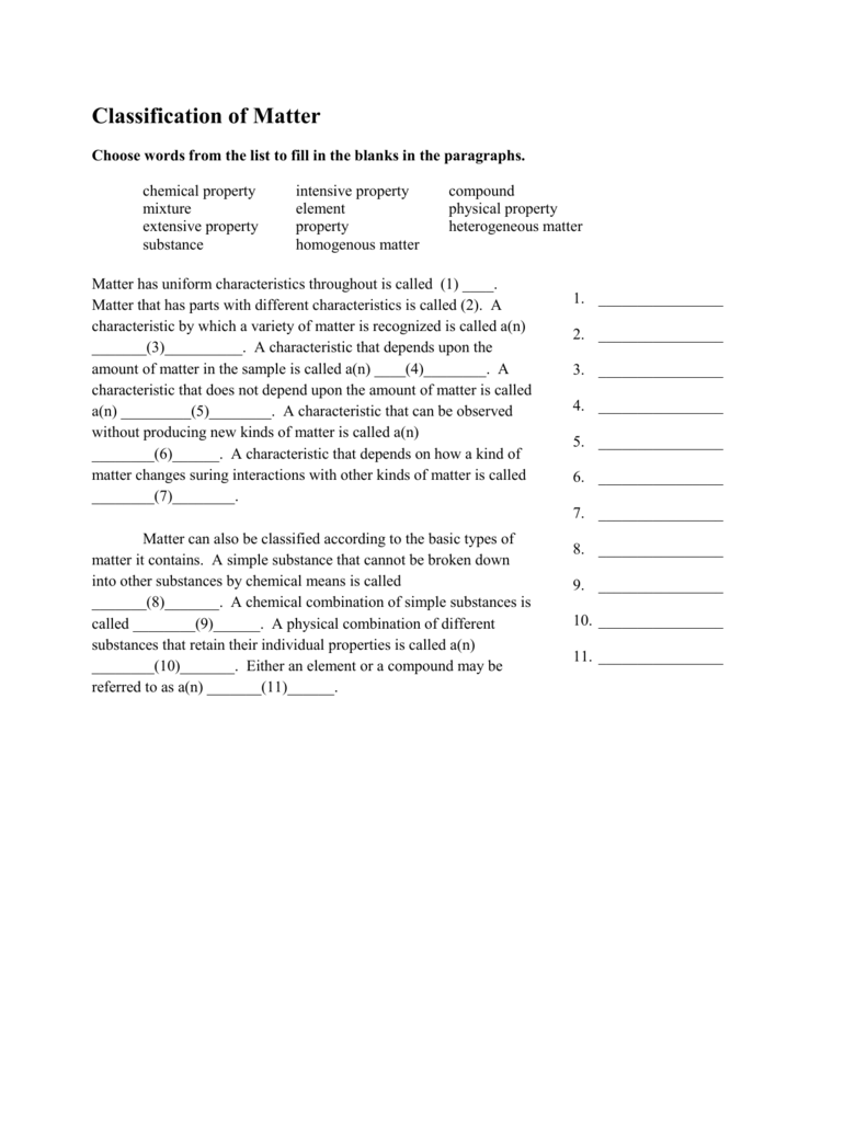 Classification Of Matter Worksheets