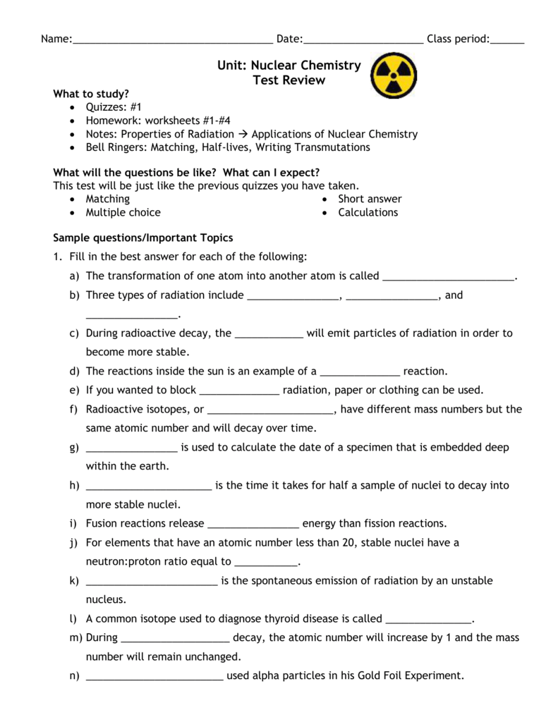 Nuclear Chemistry Review Worksheet Answers