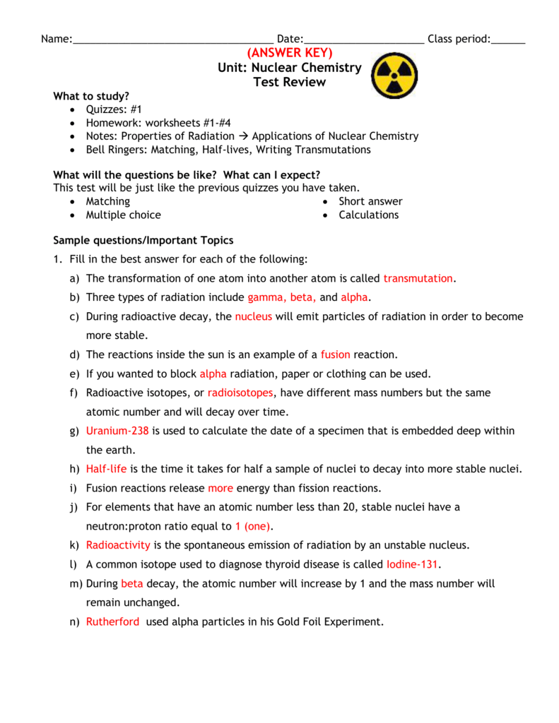 Test Review Answers Pertaining To Nuclear Chemistry Worksheet Answer Key