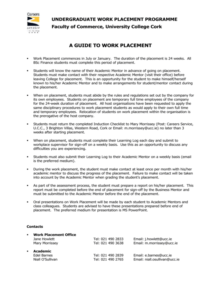 Guide to Work Placement University College Cork