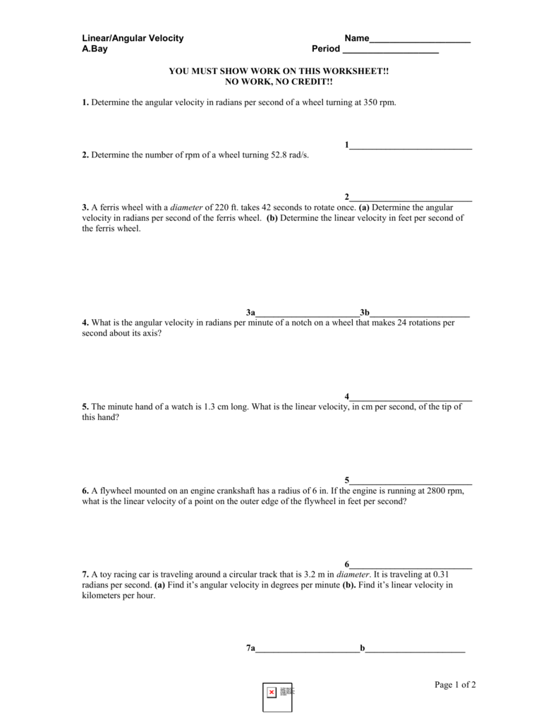 Angular And Linear Velocity Worksheet Promotiontablecovers