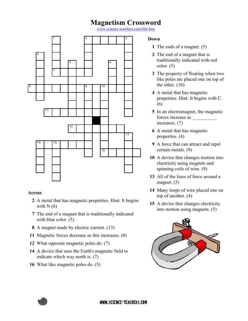 Magnetism Crossword 1 Science Teacher Resources