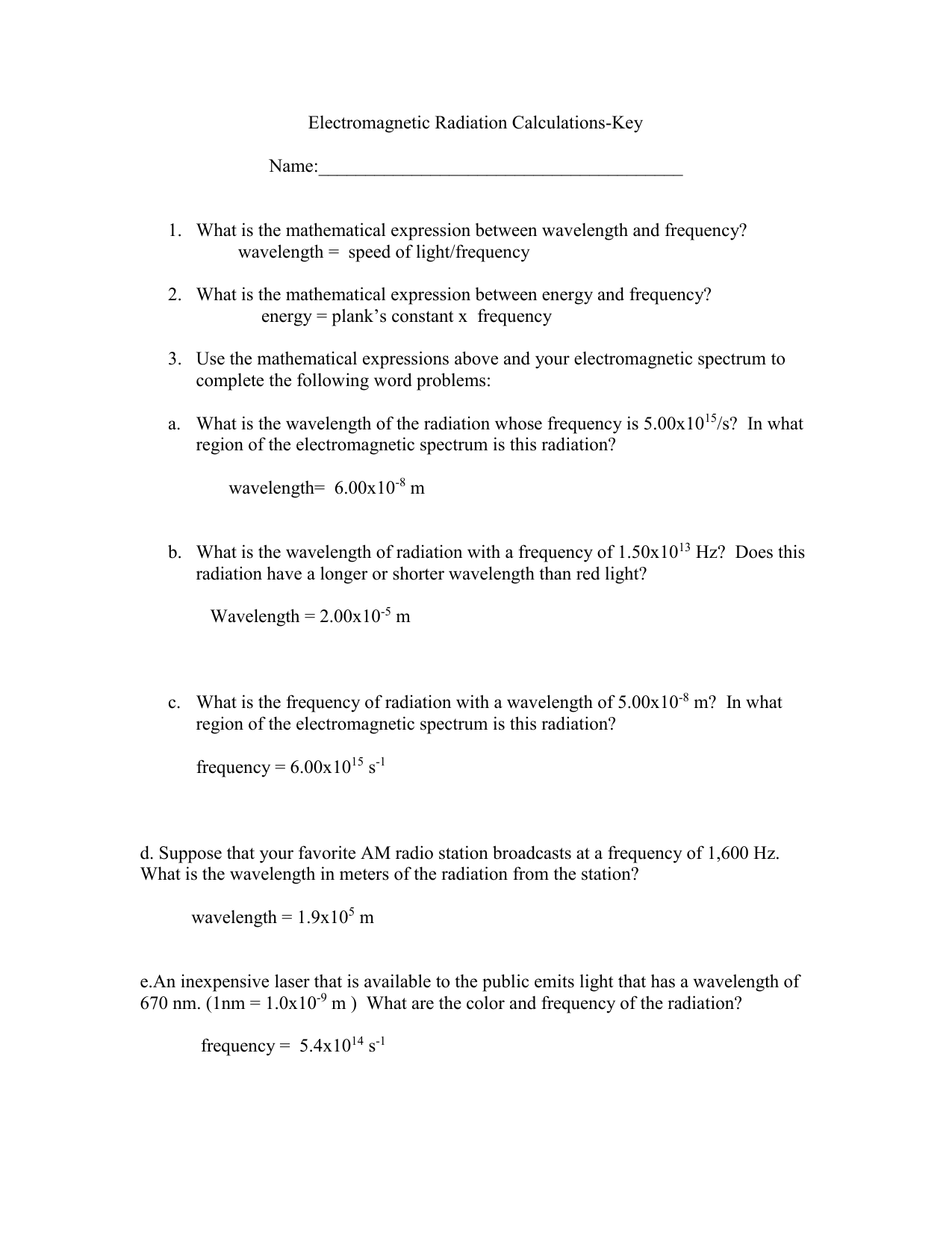 Electromagnetic Radiation Calculations key