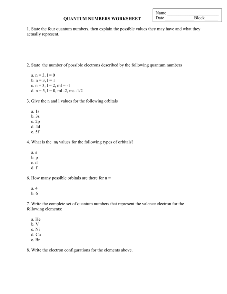 QUANTUM NUMBERS WORKSHEET