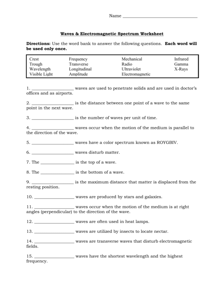 Overview Electromagnetic Waves Worksheet Answer Key Printable Word 