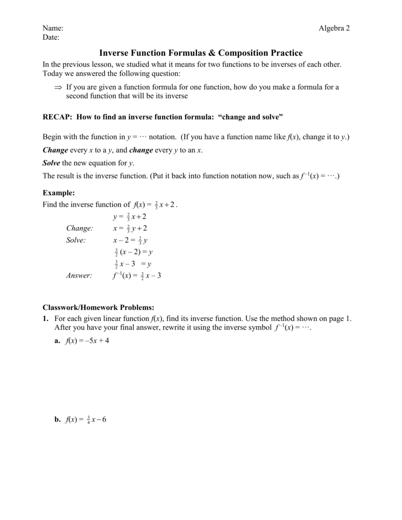 Inverse Function Formulas Composition Practice