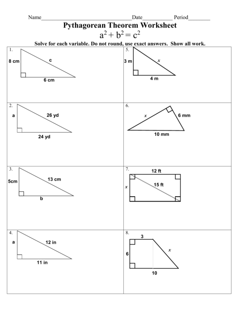 pythagorean theorem homework worksheet