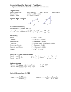 Formula Sheet for Geometry Final Exam