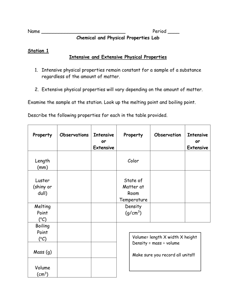 Extensive And Intensive Physical Properties Of Matter Worksh