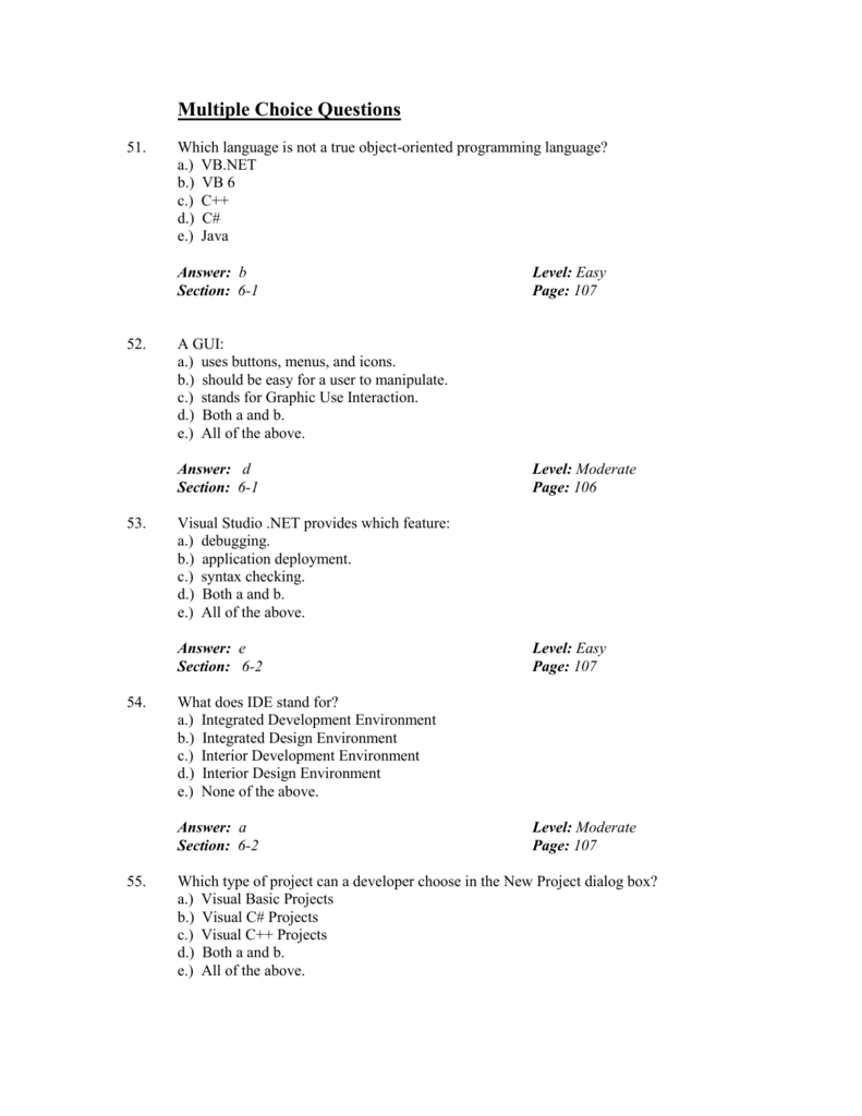 Multiple Choice Question Answers for Vb