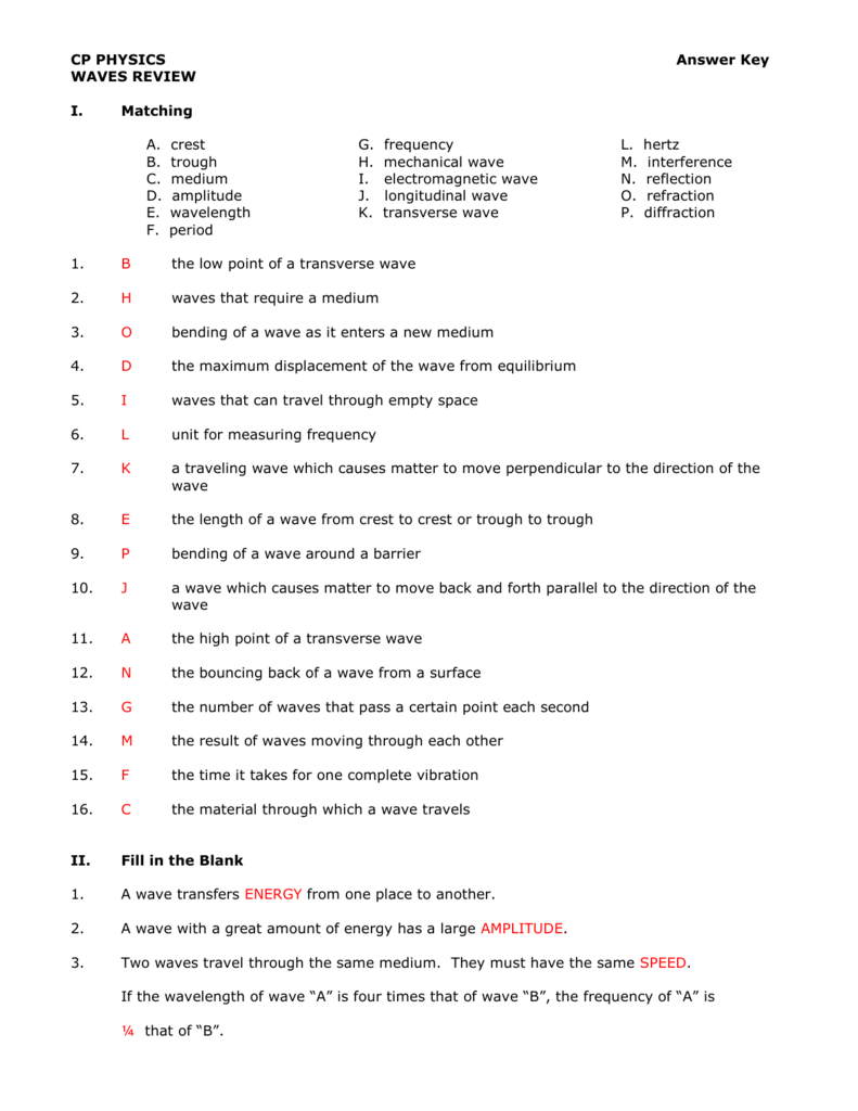 CP PHYSICS - Brookwood High School Pertaining To Wave Review Worksheet Answer Key