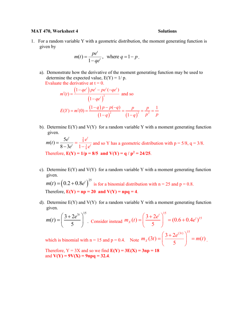 Solutions For Moment Generating Function Worksheet