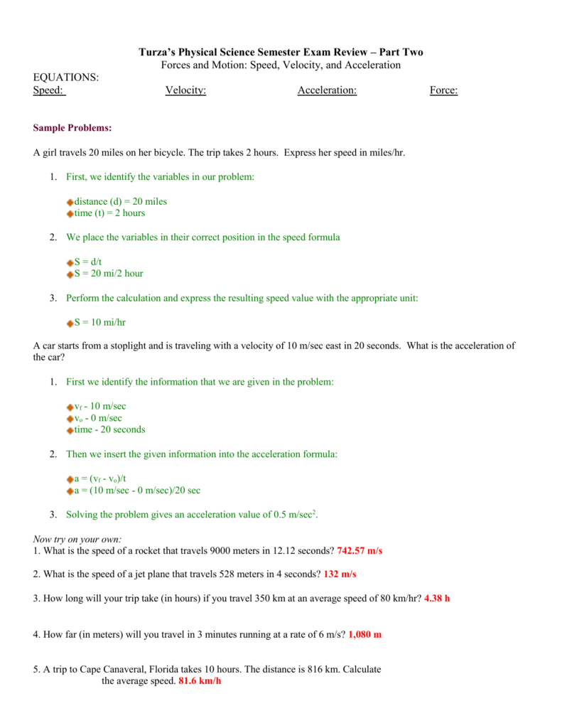 Speed And Velocity Worksheet Answers